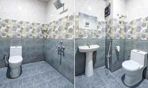 A bathroom with a toilet, sink, and shower. - Fabhotel Prime Emerald I (Pune)