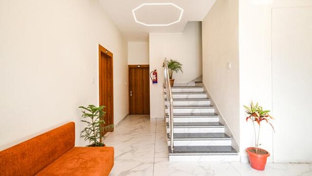 A modern interior with a staircase, a wooden door, and potted plants.