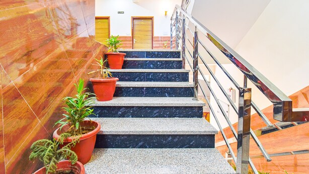 Un escalier en marbre agrémenté de plantes en pot, menant à un espace d’accueil doté de portes en bois.