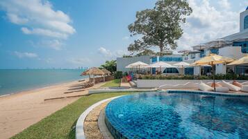 Outdoor pool, pool umbrellas, pool loungers