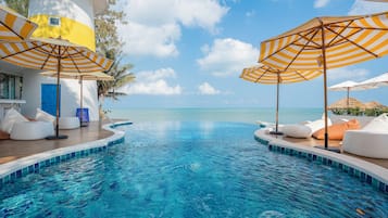 Outdoor pool, pool umbrellas, sun loungers