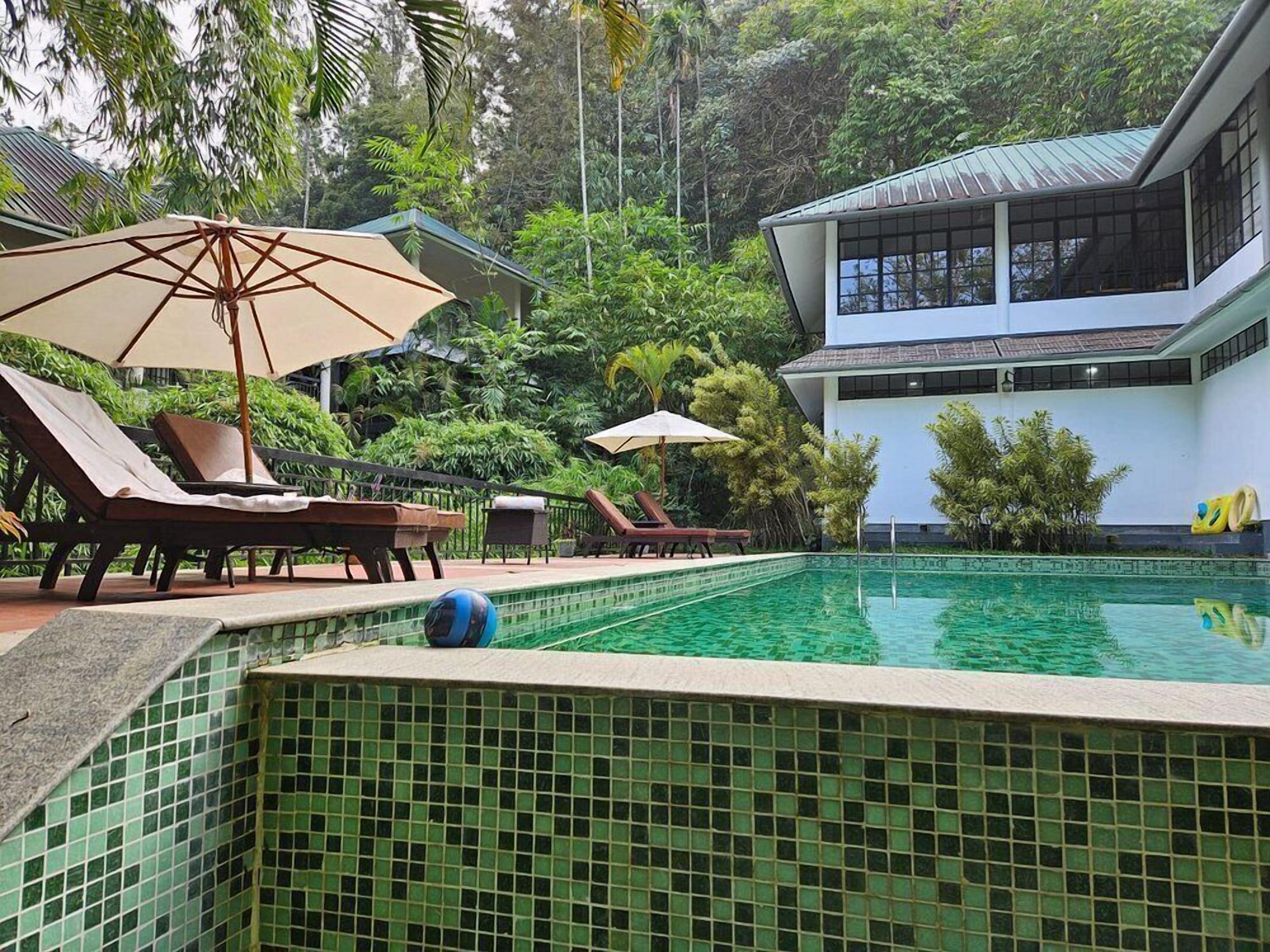 Une piscine entourée de chaises longues et de parasols, elle-même bordée d’une végétation luxuriante et d’un bâtiment moderne.
