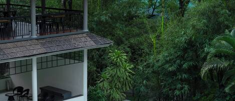A pool area with lounge chairs and umbrellas, surrounded by lush greenery.