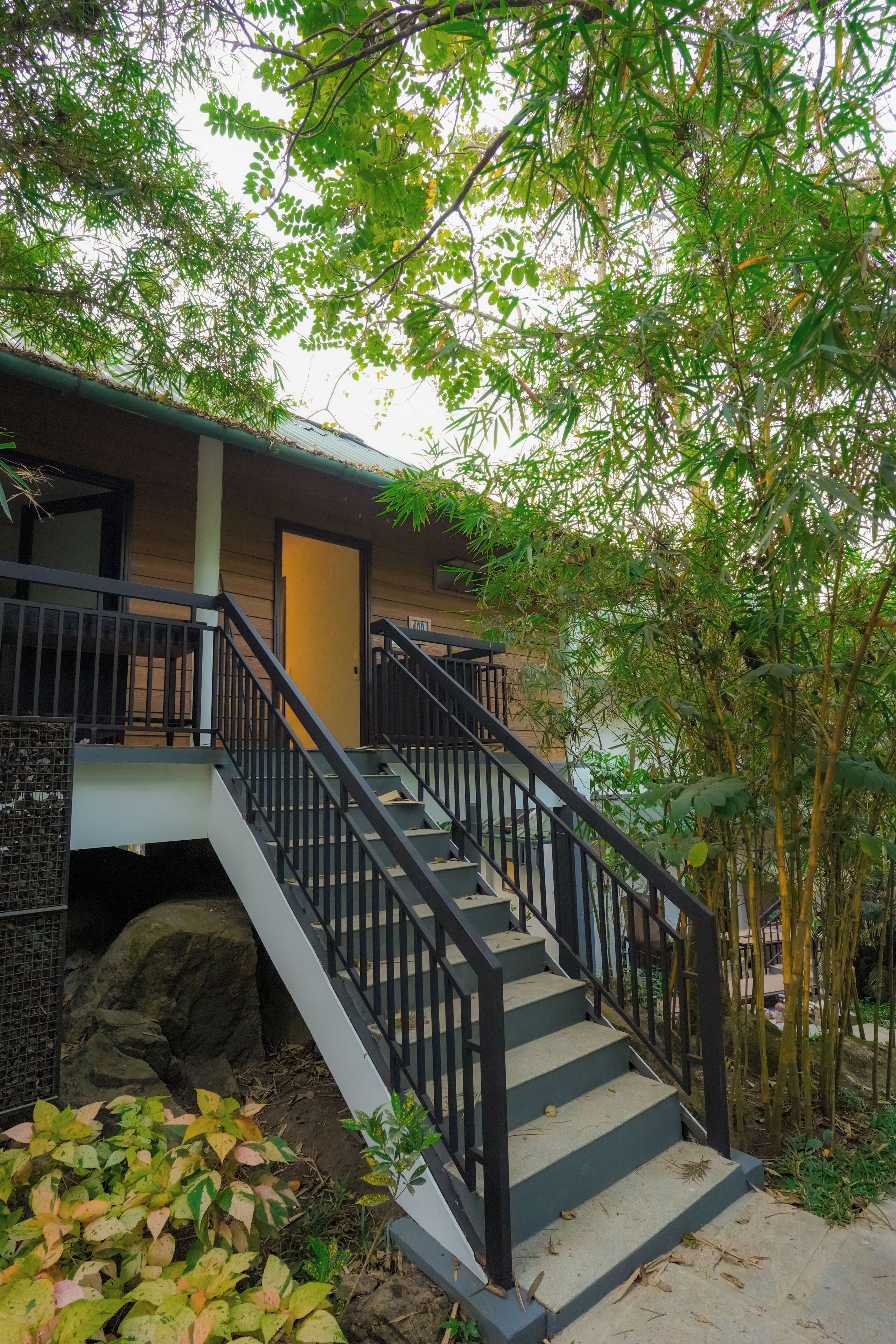 A staircase leading to a building with a balcony, surrounded by greenery.