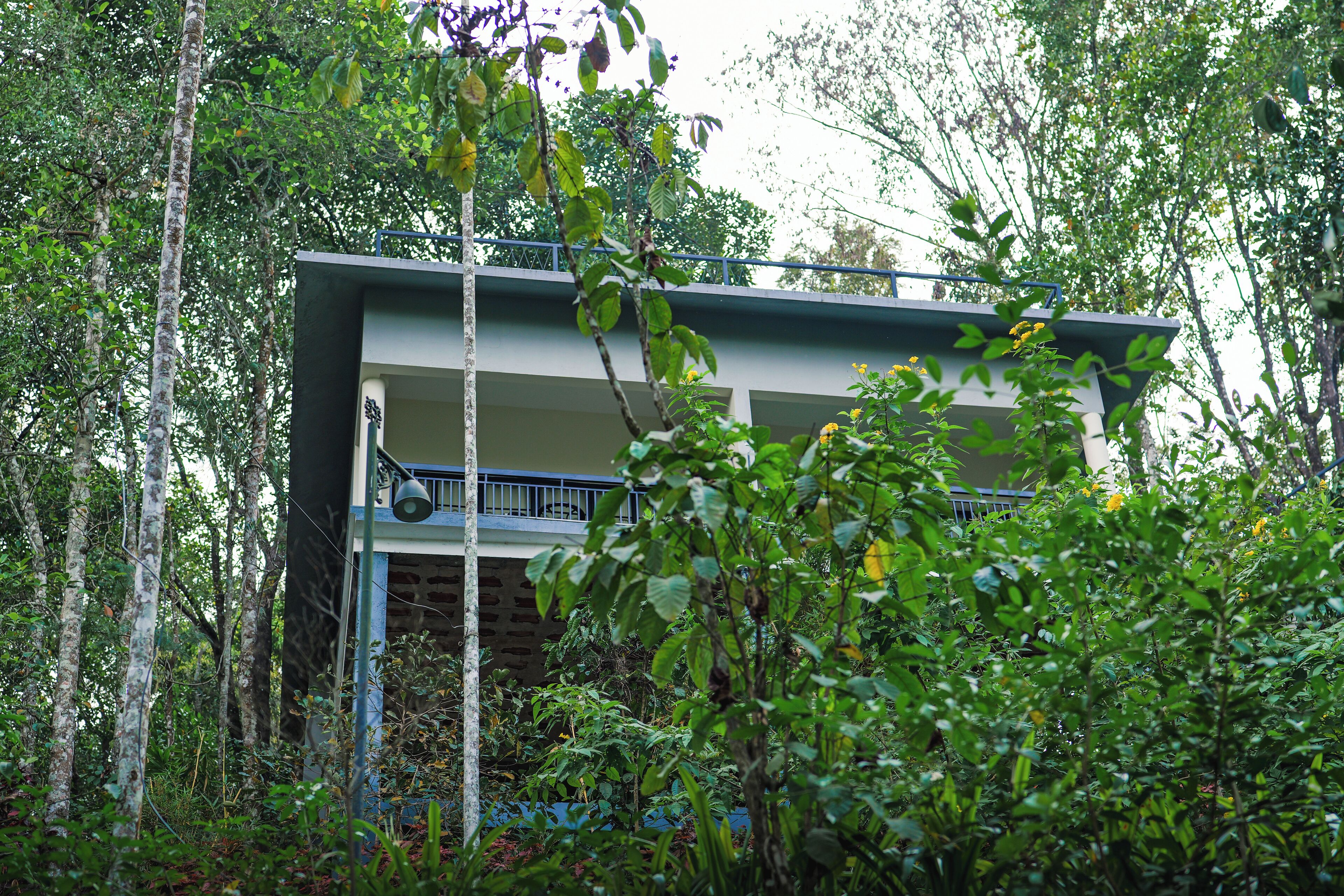 A two-story building with a balcony, surrounded by dense foliage.