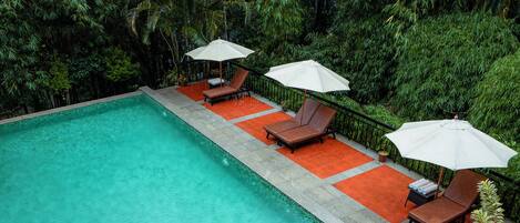 A swimming pool with two sun loungers and umbrellas, surrounded by lush greenery.