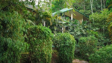 A lush, green garden with a building that has a green roof and white walls.