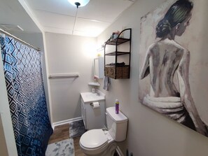 Hair dryer, towels, soap, toilet paper