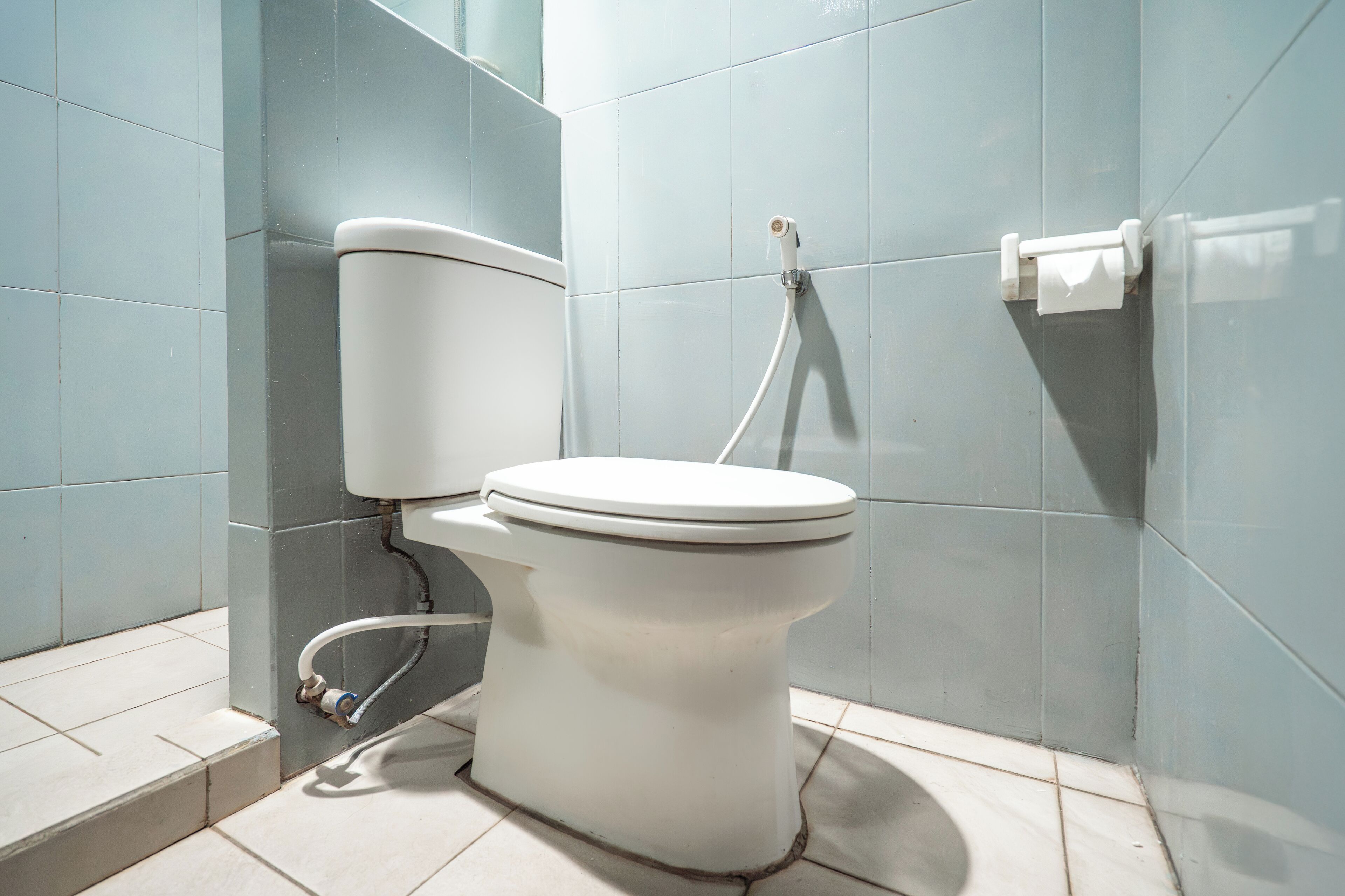 Inodoro blanco con tanque, dispensador de papel higiénico adherido a la pared y una tubería visible.