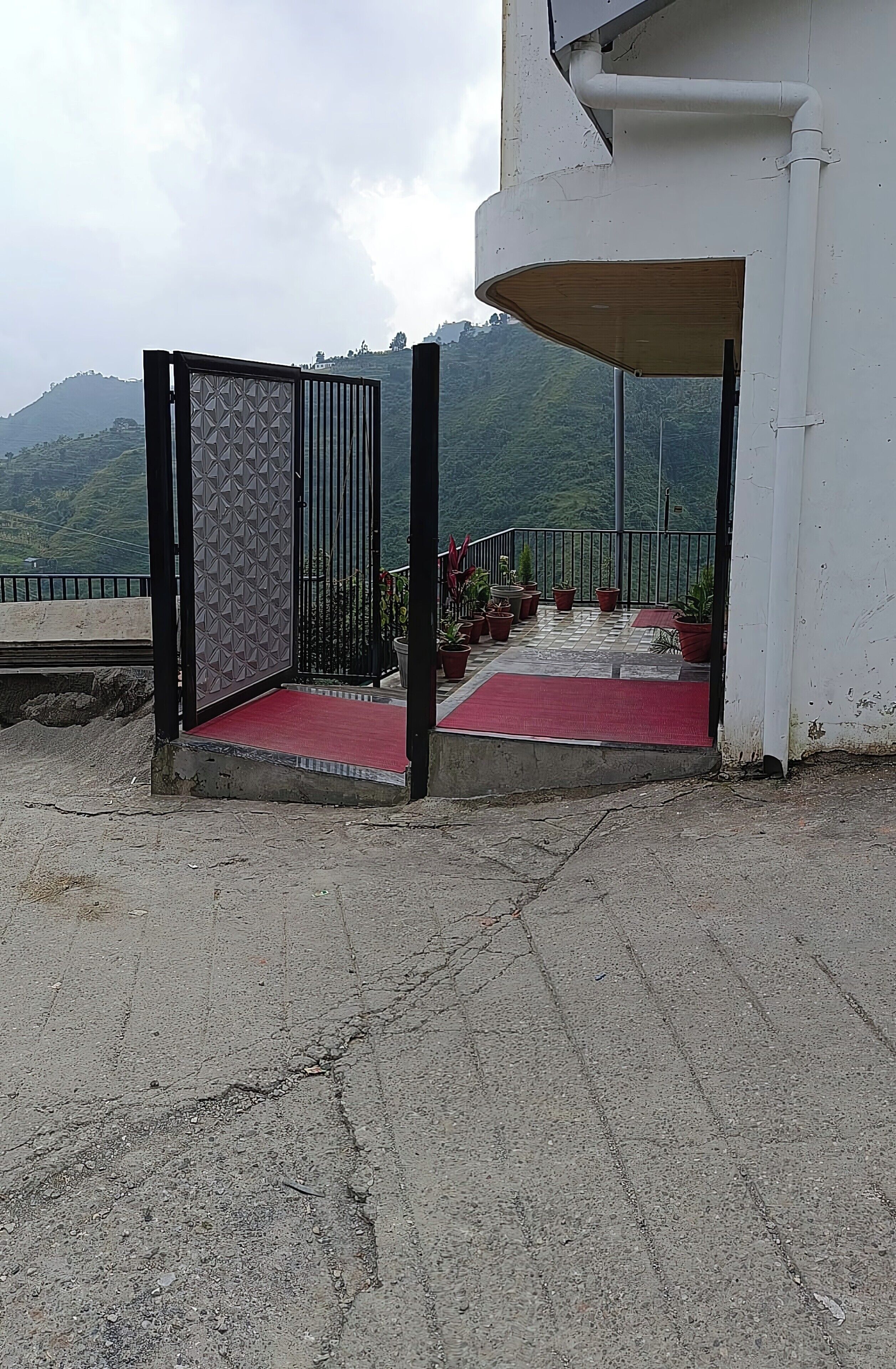 A balcony with a red carpet, potted plants, and a view of a mountainous landscape.