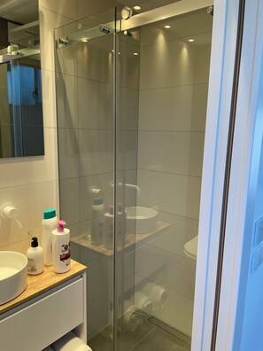 Dusche, Haartrockner, Handtücher, Seife