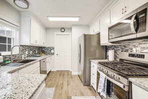 Fridge, microwave, oven, stovetop - Indiana Dunes Home w/ Gas Grill: 1 Mi to Beach! (Michigan City)