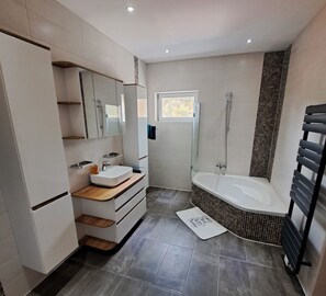 Shower, hair dryer, towels