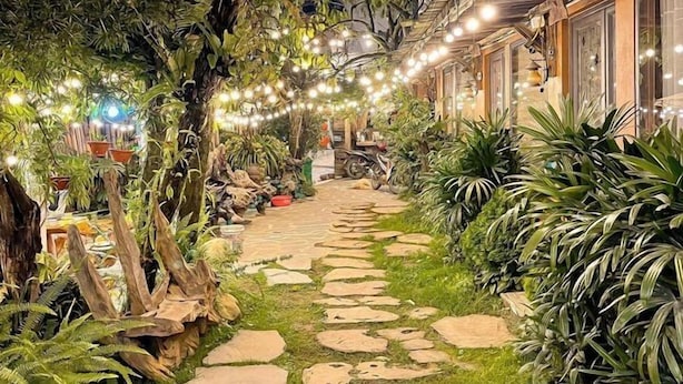 Un camino de piedra que conduce a un edificio con luces de cuerda colgando.