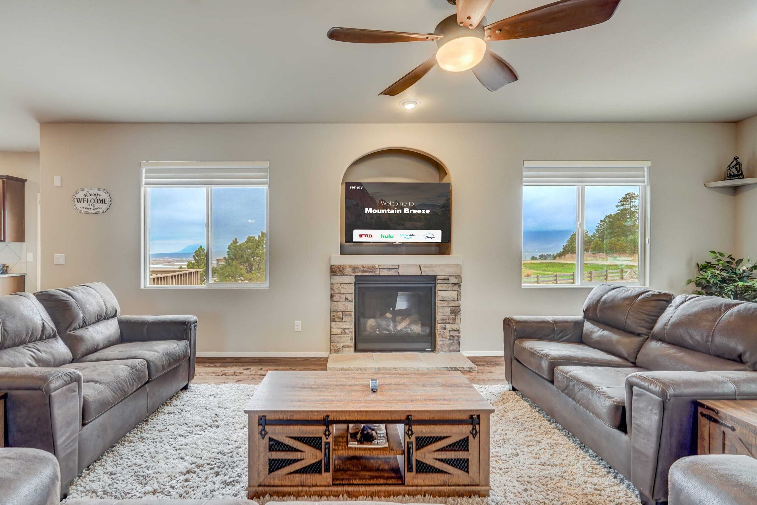 Télévision, cheminée, espaces bureaux