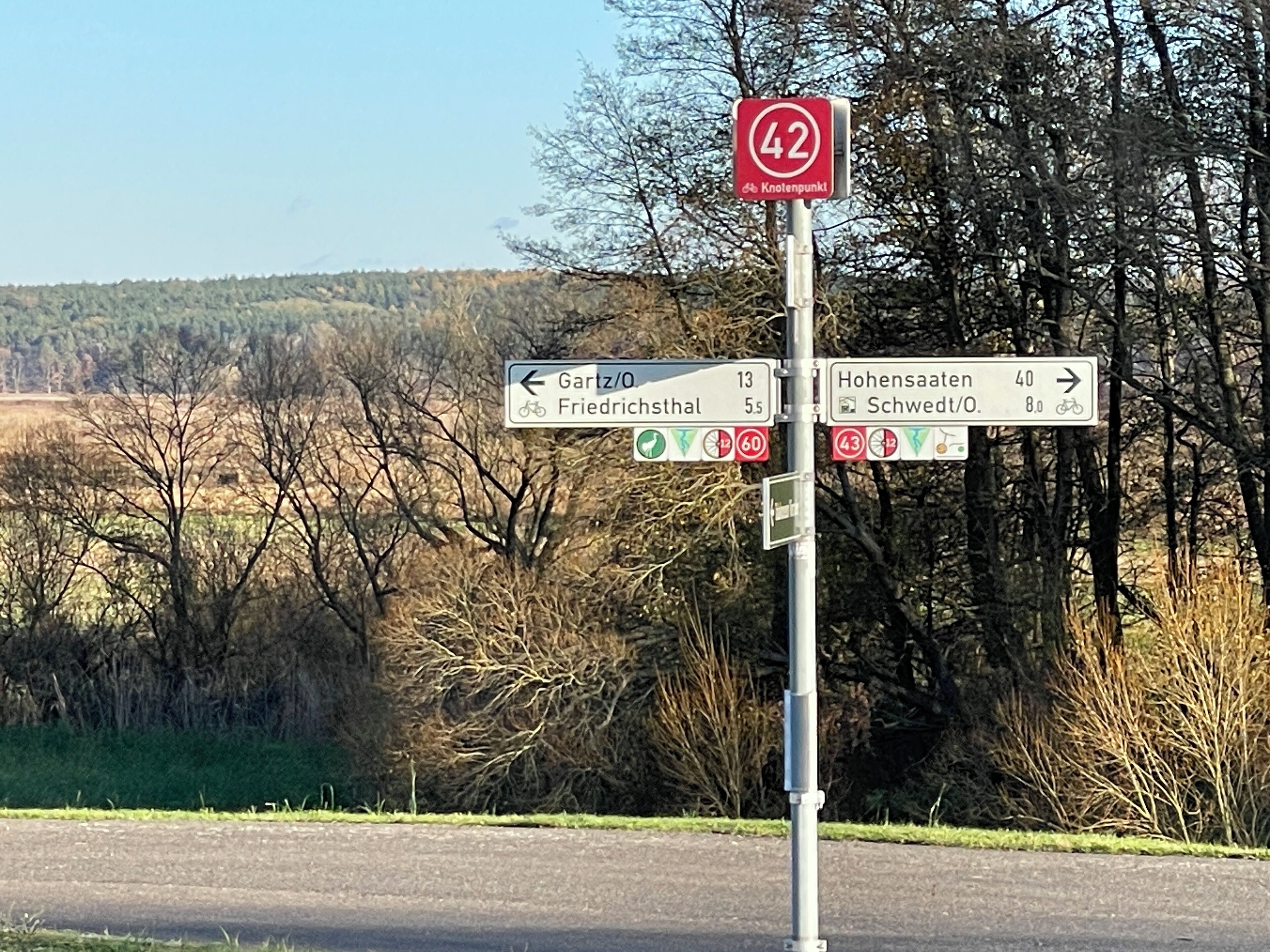 Ein Wegweiser mit mehreren Routenhinweisen und einem Geschwindigkeitsbegrenzungsschild.