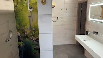 Shower, hair dryer, soap, toilet paper