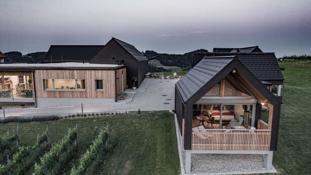 A modern house with a large deck, a separate guest room, and a vineyard in the background. - Winzerhäuser Skringer (Leutschach)