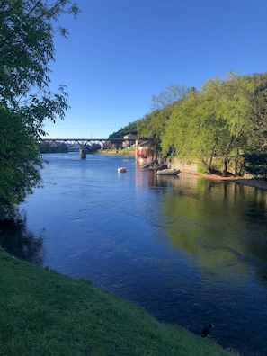 A river with a bridge, trees, and a grassy bank.