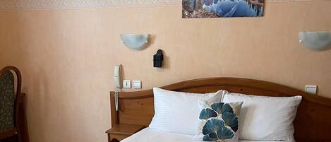 Habitación de hotel con cama, un cuadro de paisaje montañoso, teléfono y una silla.