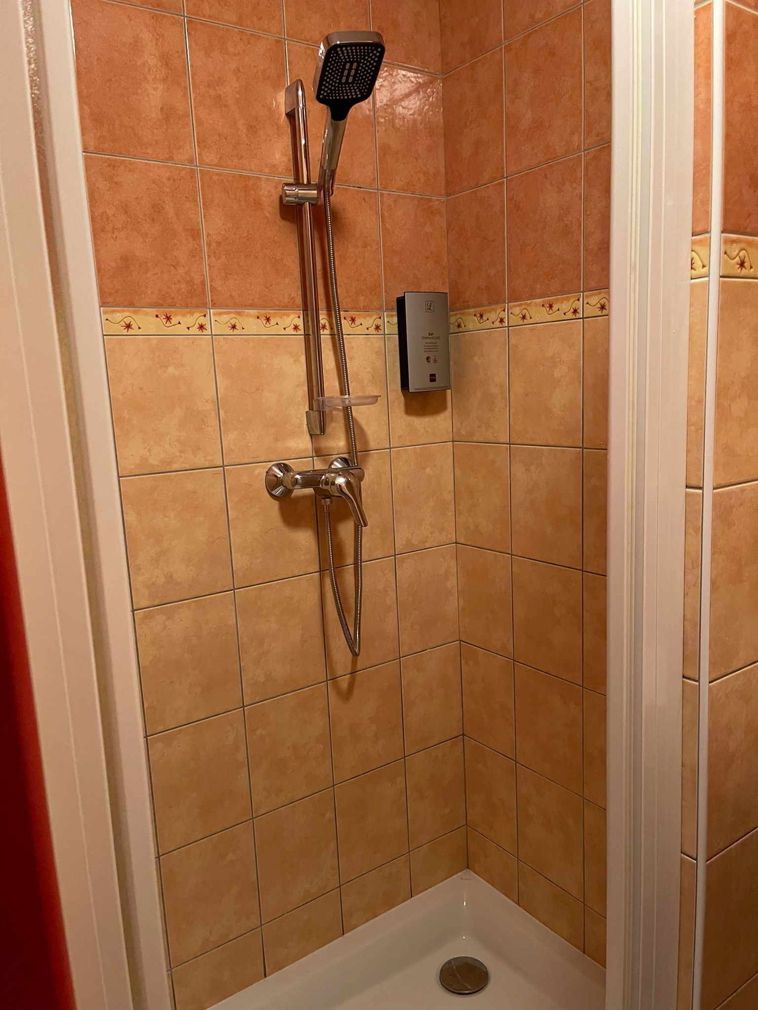 A shower with a handheld showerhead and a wall-mounted control panel.