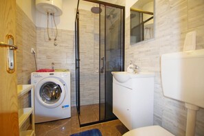 Shower, hair dryer, towels