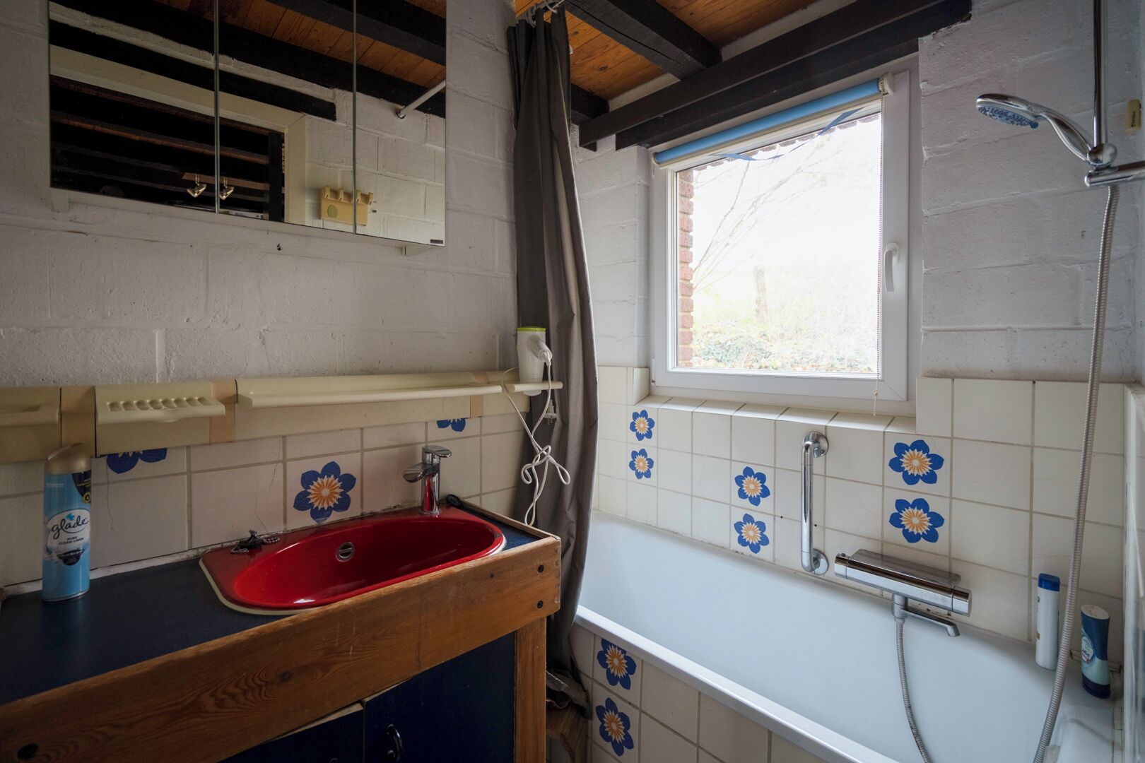 A bathroom with a red sink, a shower, and a window with a view.