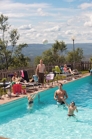 Seasonal outdoor pool, sun loungers