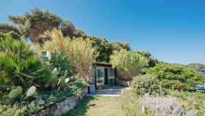 Un jardin isolé, accessible par une porte vitrée, entouré de différentes plantes et délimité par un mur de pierre.