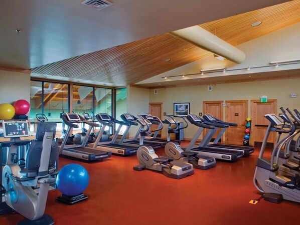 A gym with treadmills, elliptical machines, and exercise balls.