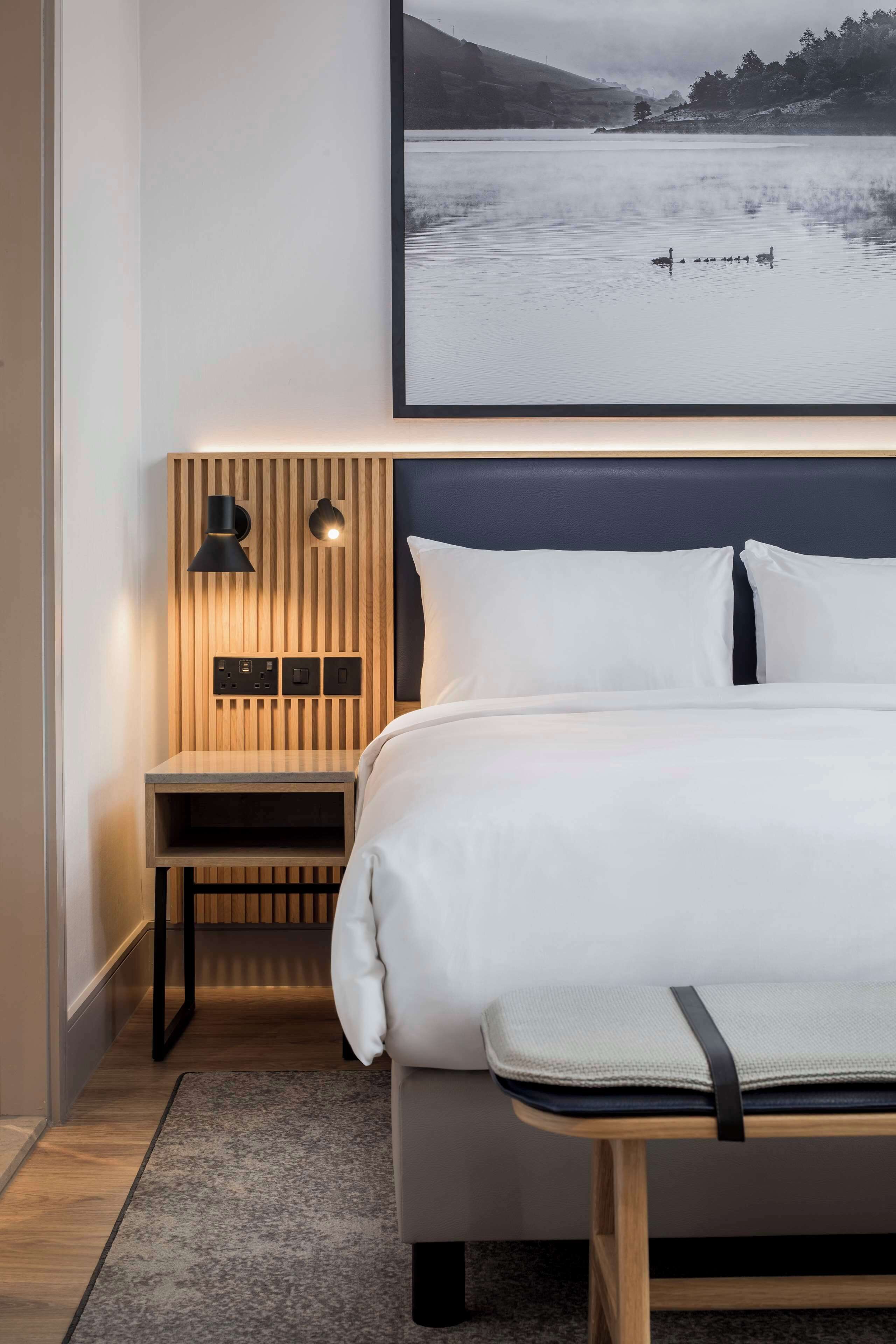 A modern hotel room with a large bed, a bedside table with a lamp, and a wall-mounted artwork of a lake scene.