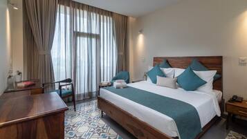 In-room safe, desk, laptop workspace, blackout curtains