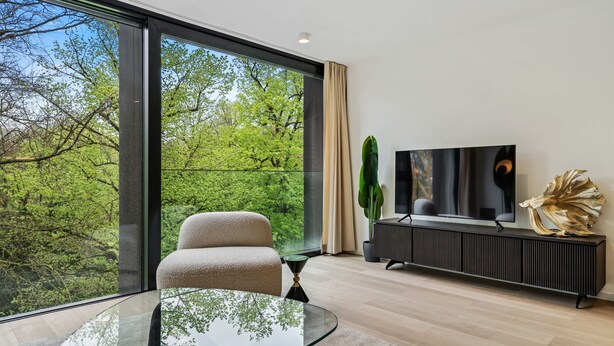 Un salon moderne avec une table en verre, un fauteuil confortable, un grand téléviseur à écran plat et une plante décorative.