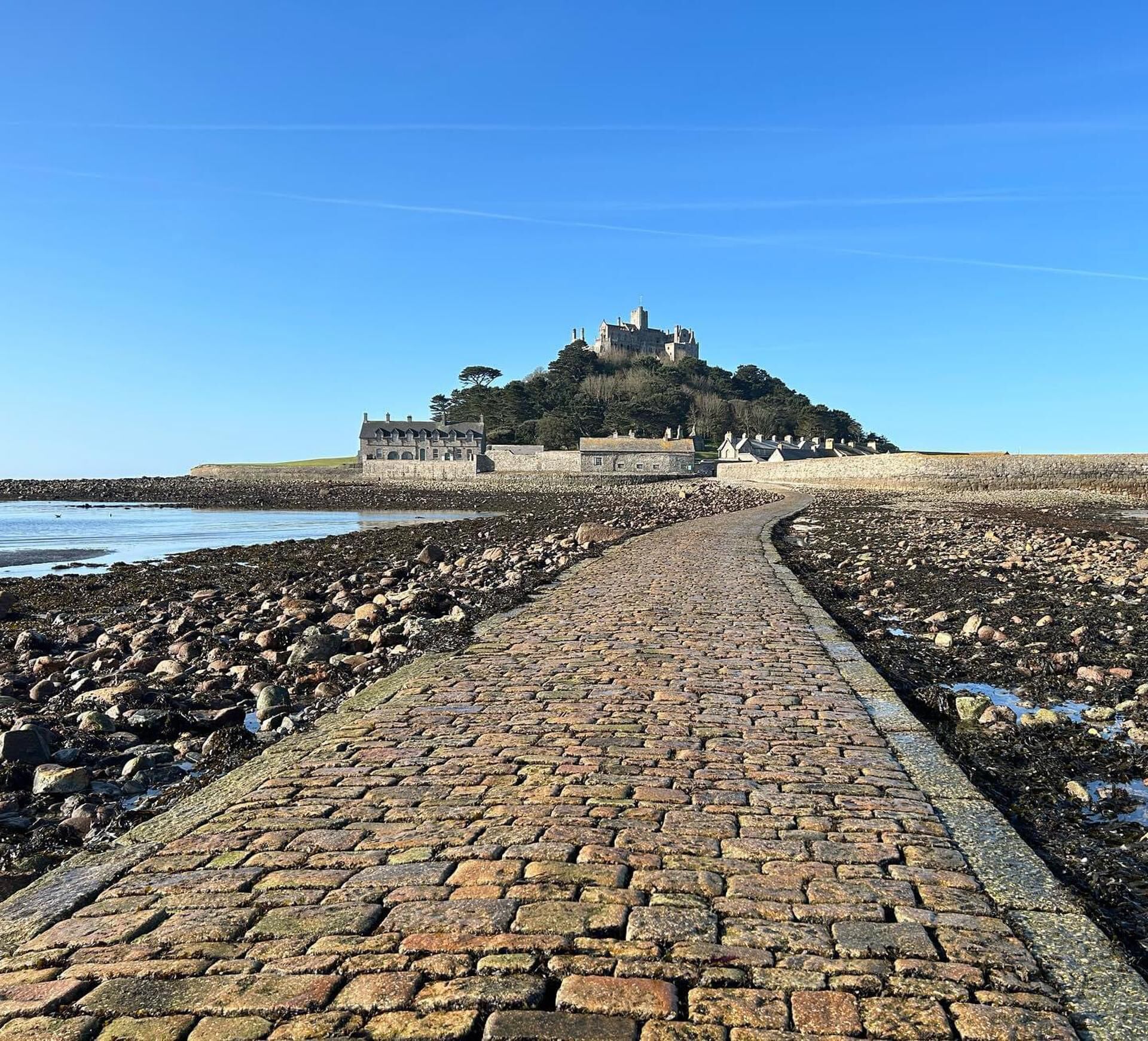 A cobblestone pathway leading to a historic building with a castle on a hill.