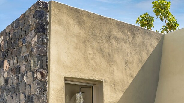 Un espace piscine moderne avec un mur en pierre, une piscine à eau claire et une plante en pot.