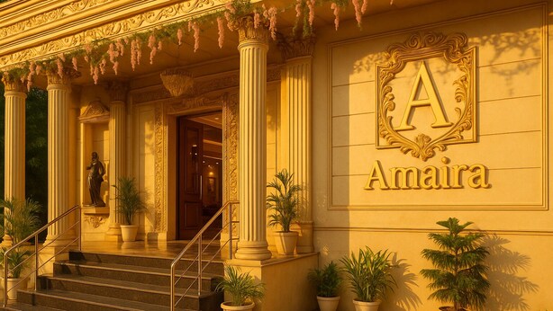 Una entrada imponente con una estatua, columnas y un cartel que dice "Amaira".