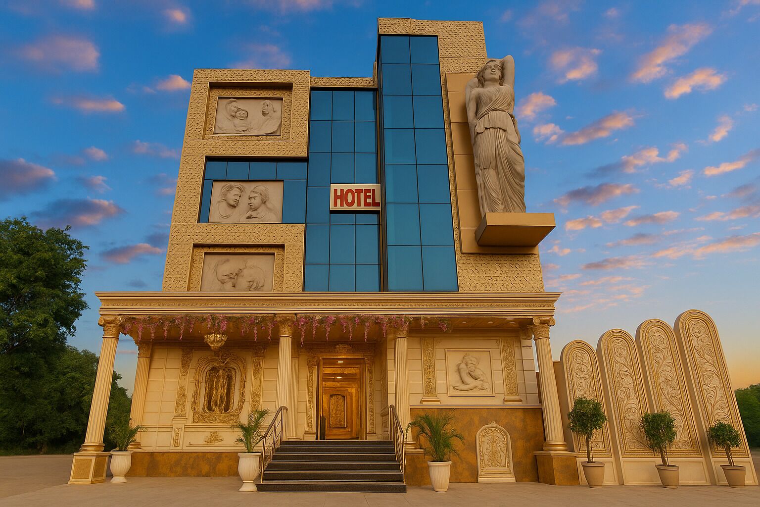 A hotel with a classical facade, a central entrance with steps, and a large blue glass window.