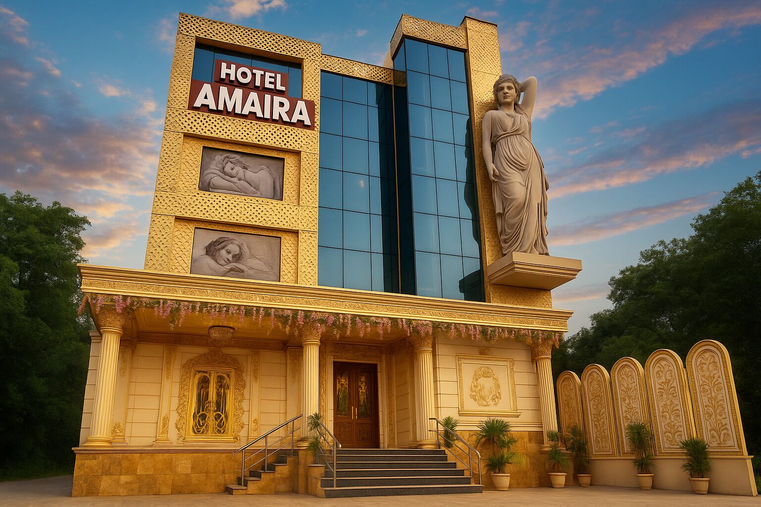 A hotel with a large statue, a sign reading "HOTEL AMAIRA," and classical architectural elements.