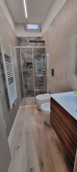 Regadera, secadora de cabello, bidet, toallas 