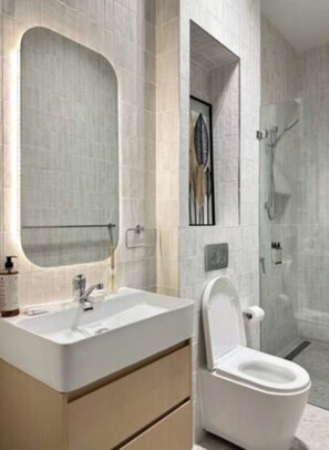 Hair dryer, towels, soap, shampoo
