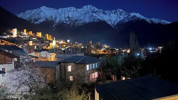 A town with illuminated buildings and a snow-capped mountain in the background.