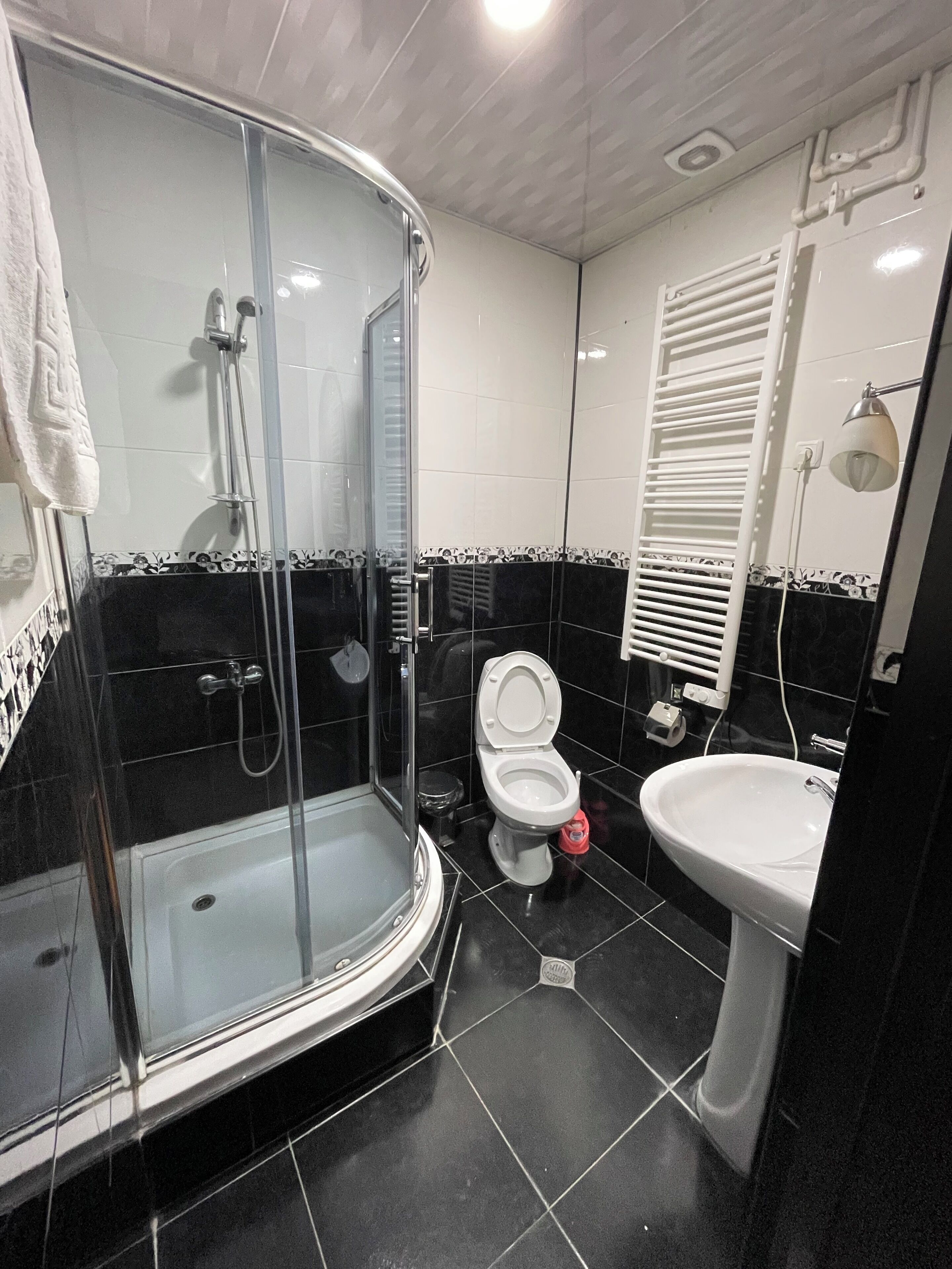Un baño moderno con ducha envuelta en vidrio, inodoro y lavamanos.
