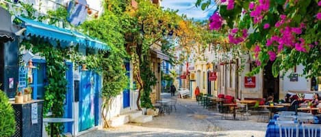A cobblestone street lined with buildings featuring blue and white facades, outdoor seating, and greenery.