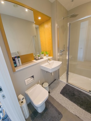 A modern bathroom with a glass shower enclosure, a white sink, and a toilet.