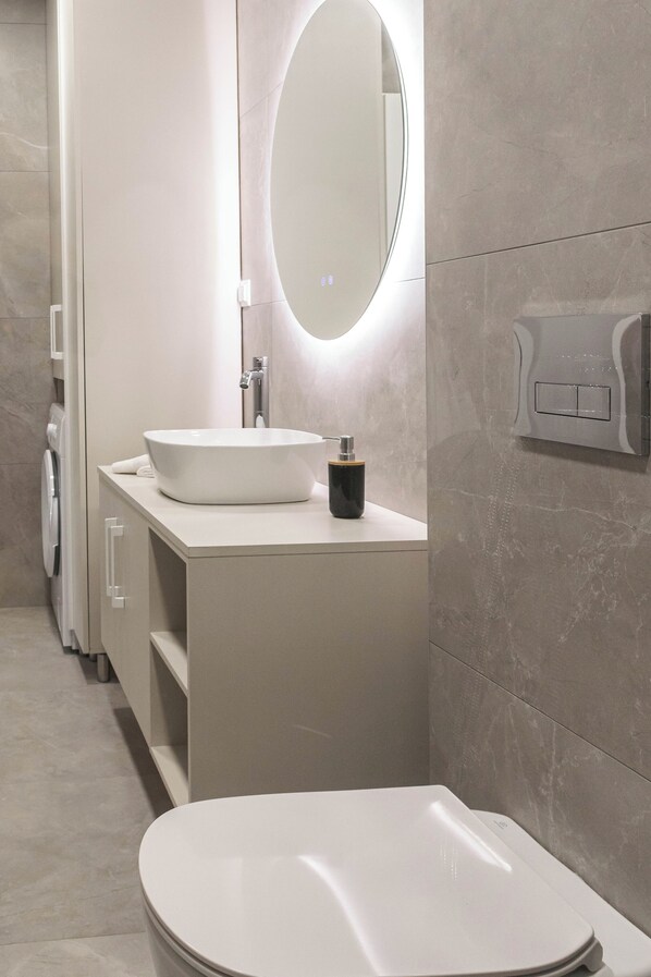Hair dryer, towels, soap, toilet paper
