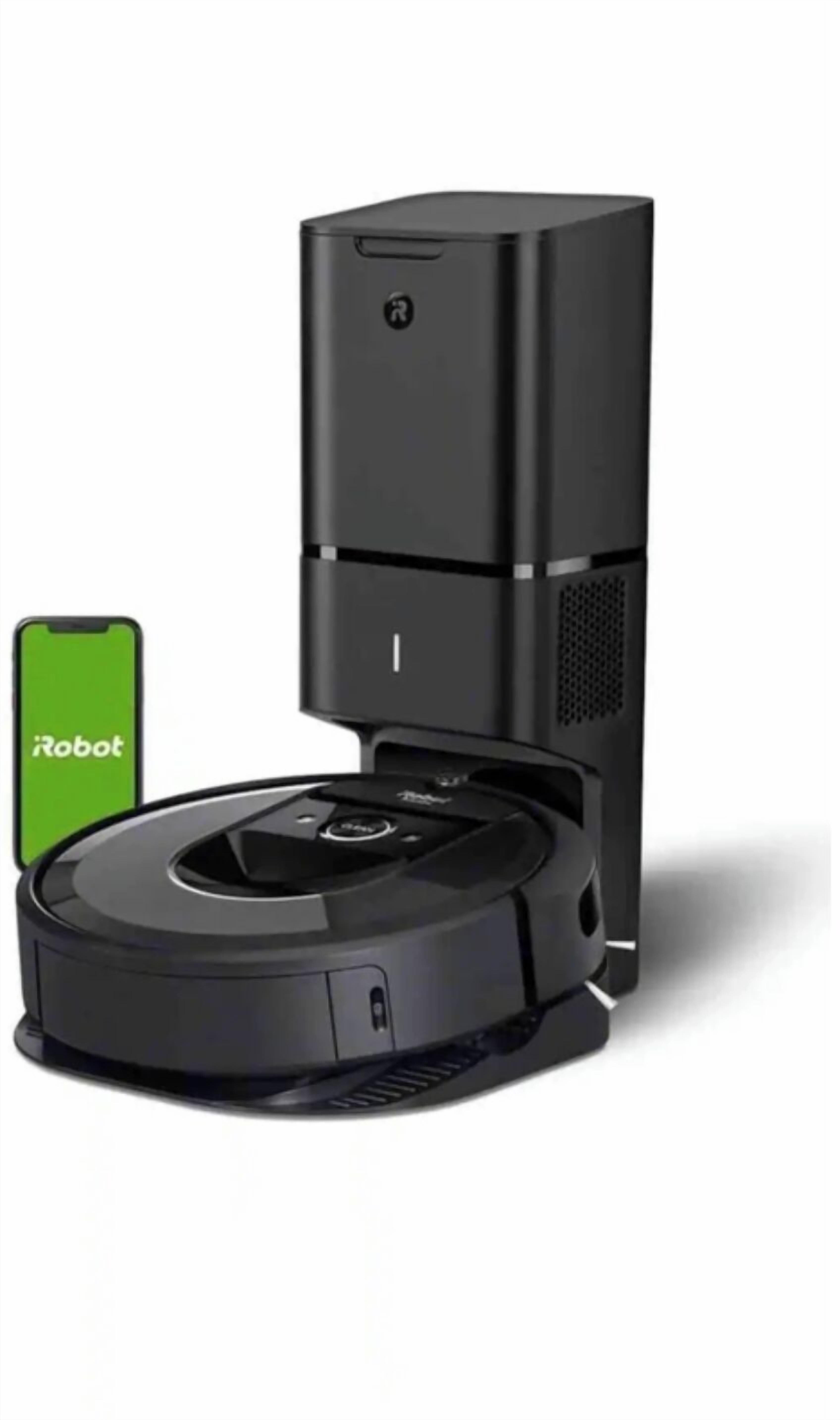A robotic vacuum cleaner with a smartphone displaying the iRobot logo.