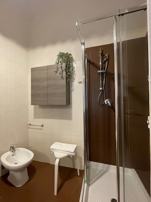 Douche, sèche-cheveux, bidet, serviettes fournies