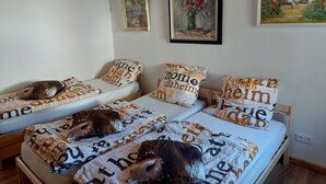 A room with two single beds, each with patterned bedding and pillows, a framed painting above the beds, and a wooden headboard. - Gite de Moulin Maurt 1 (Xertigny)