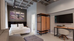 Un dormitorio moderno con cama, escritorio, televisor y armario.