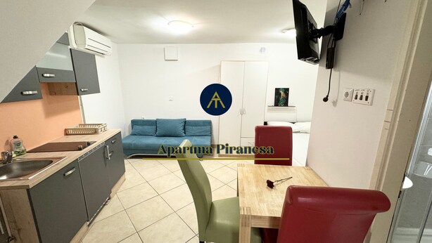 Un espacio habitable compacto con kitchenette, comedor y sofá.